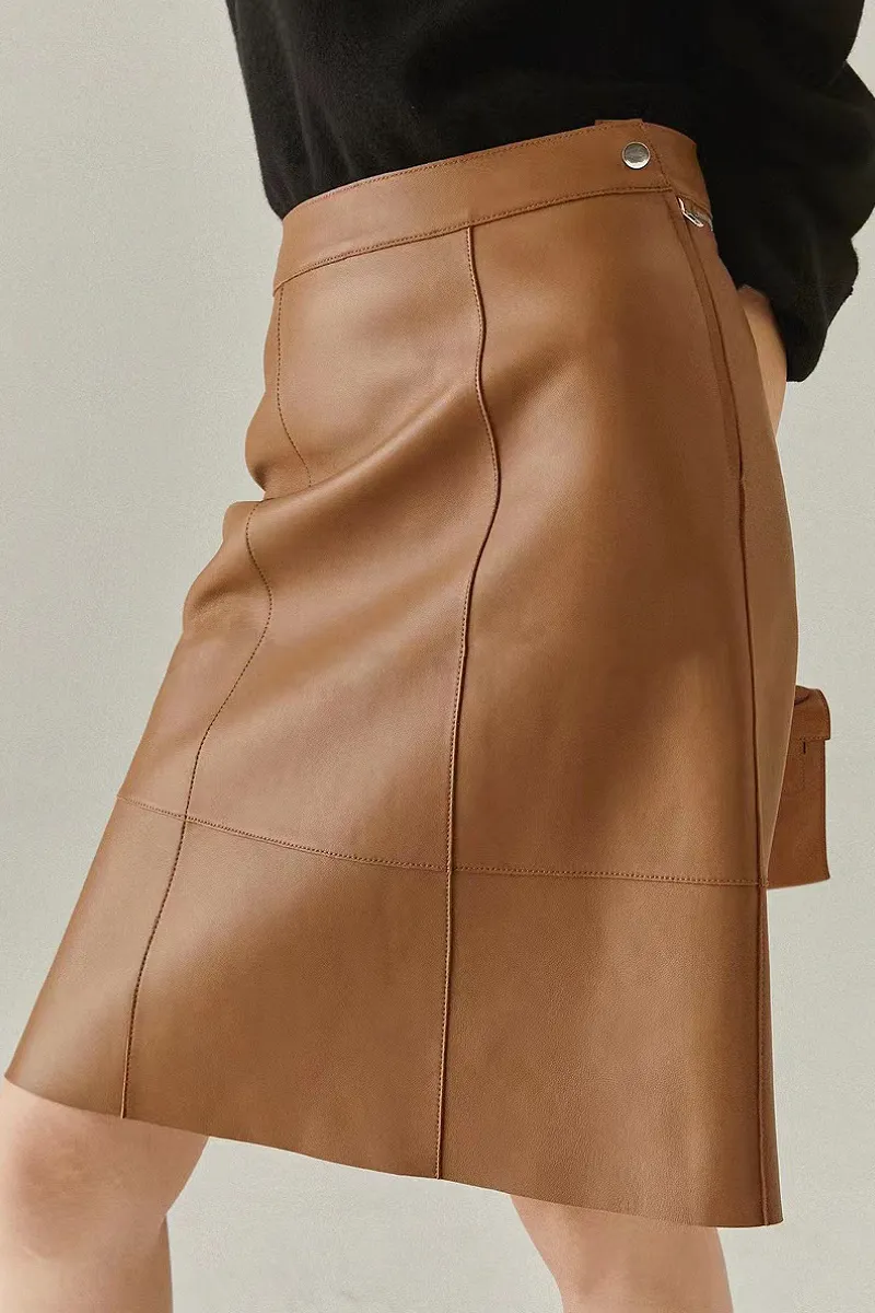 Real Leather High-Waist Knee-Length A-Line Midi Skirt