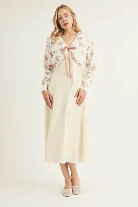 Ribbon Tie Floral Sweater White Pink