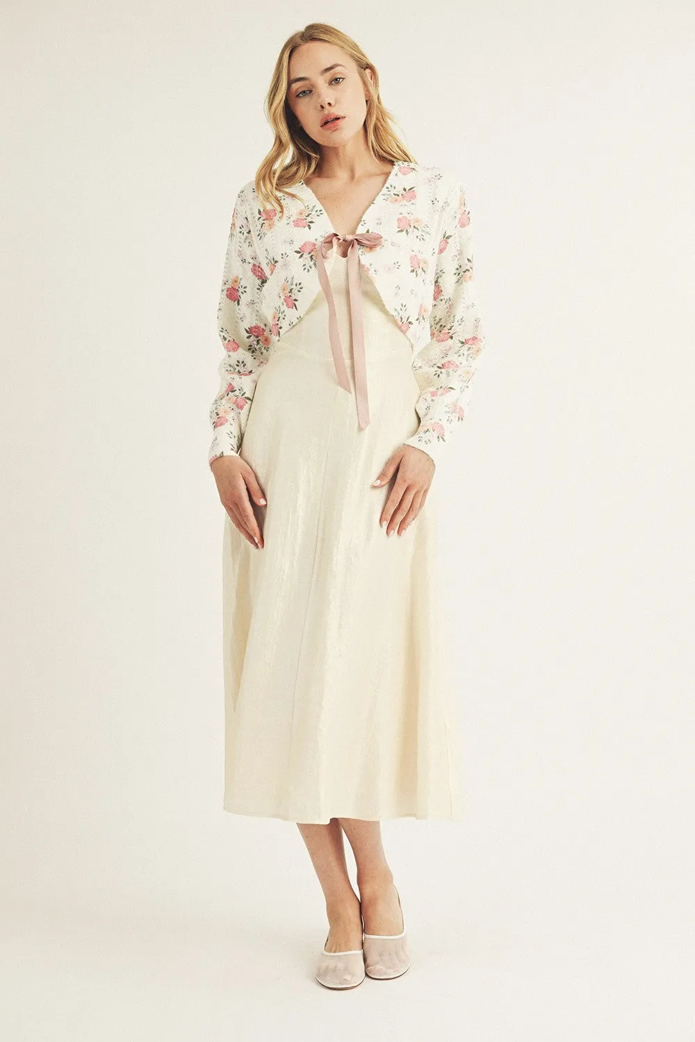 Ribbon Tie Floral Sweater White Pink