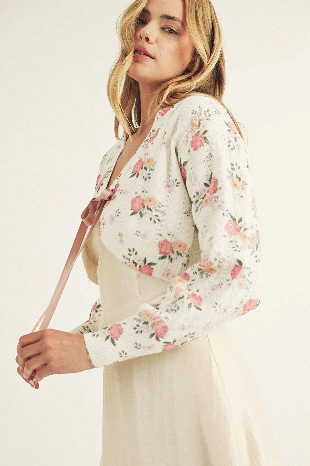 Ribbon Tie Floral Sweater White Pink