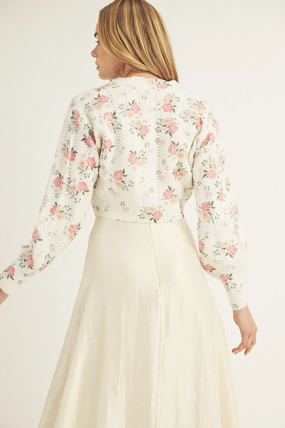 Ribbon Tie Floral Sweater White Pink
