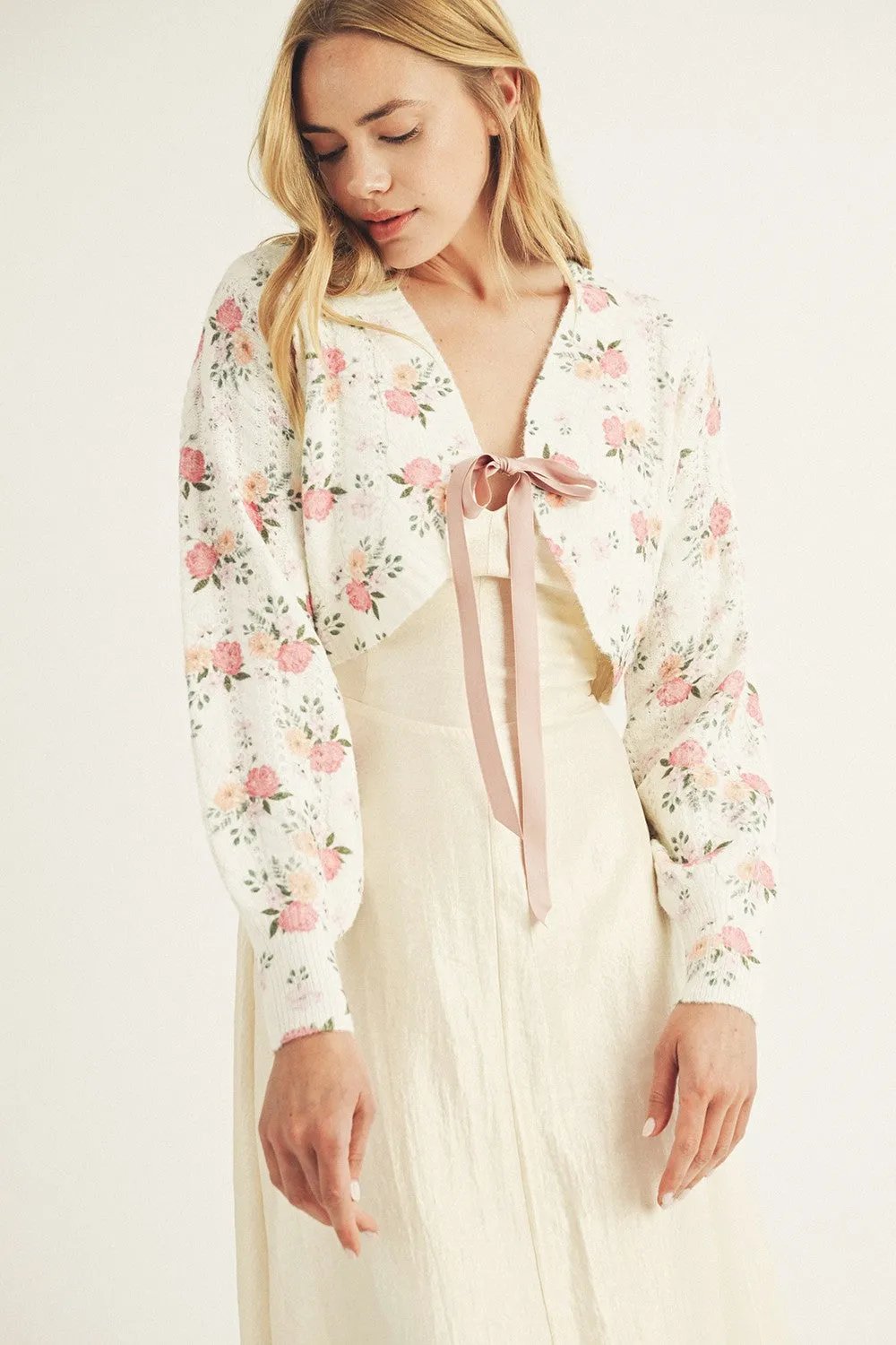 Ribbon Tie Floral Sweater White Pink