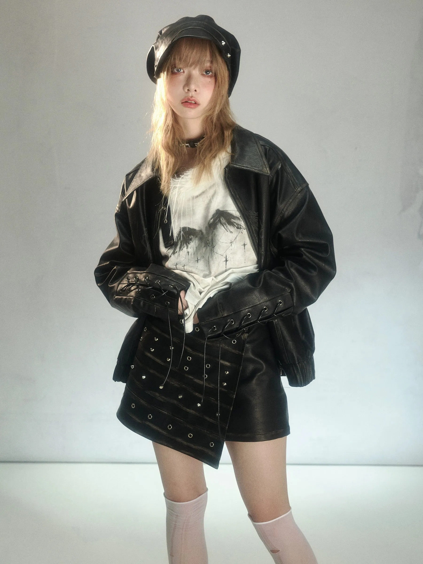 Rivets Retro Leather A-Line Skirt