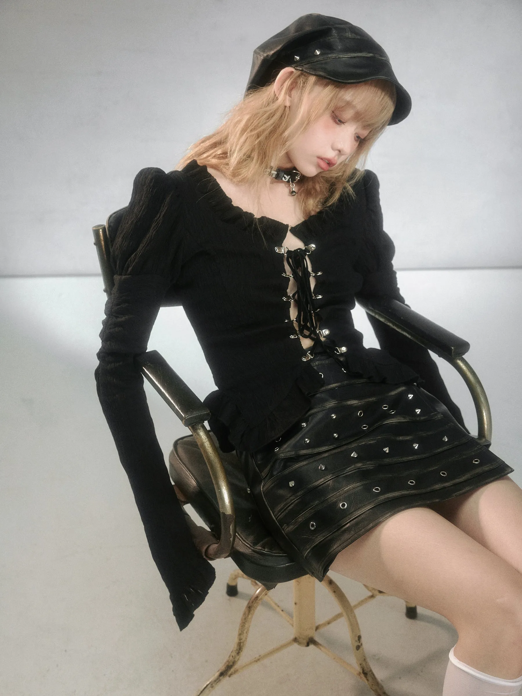 Rivets Retro Leather A-Line Skirt