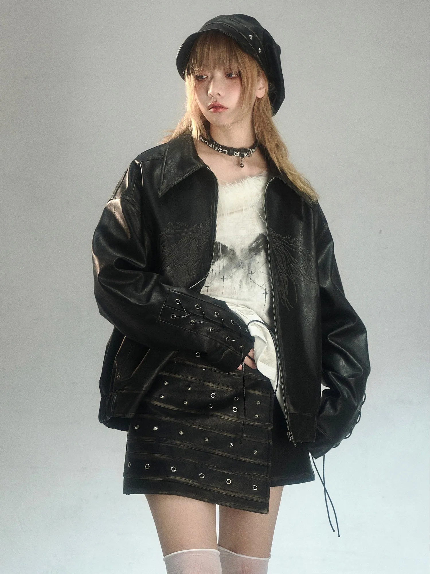 Rivets Retro Leather A-Line Skirt