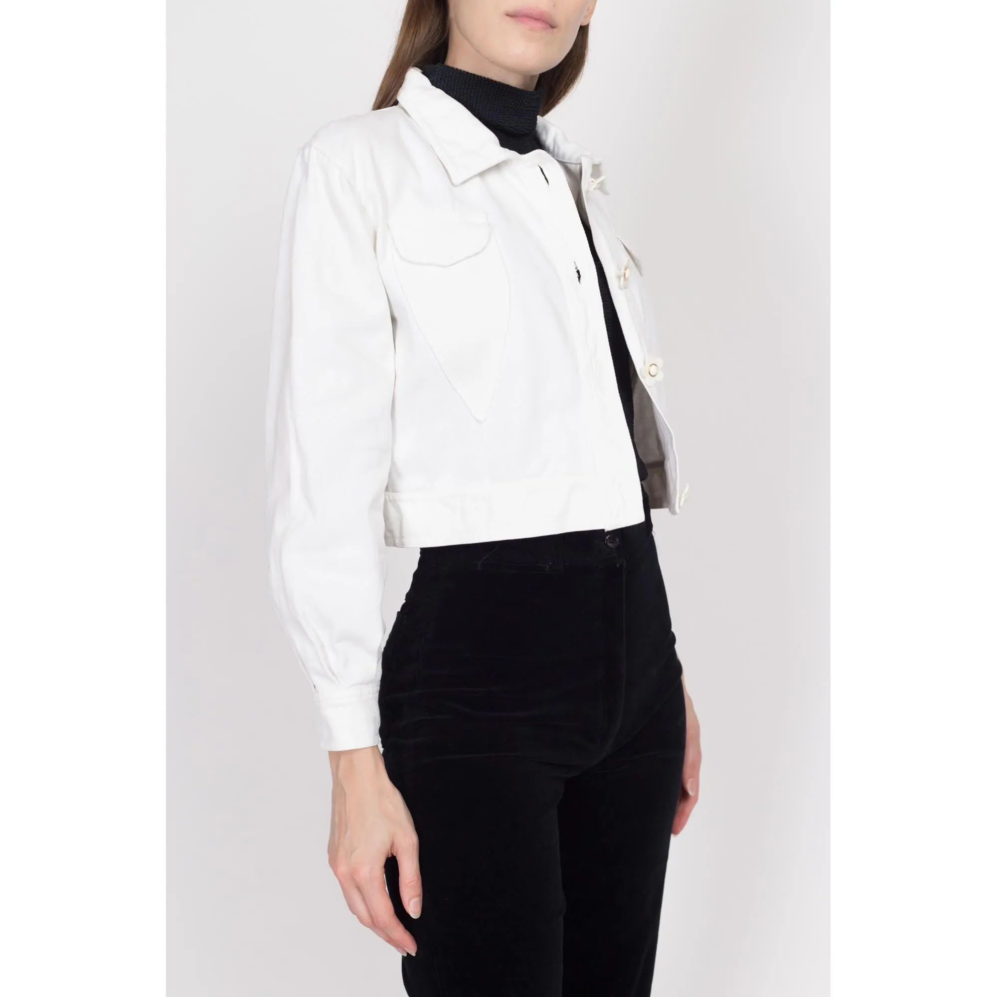 Small 90s White Flower Button Cropped Denim Jacket