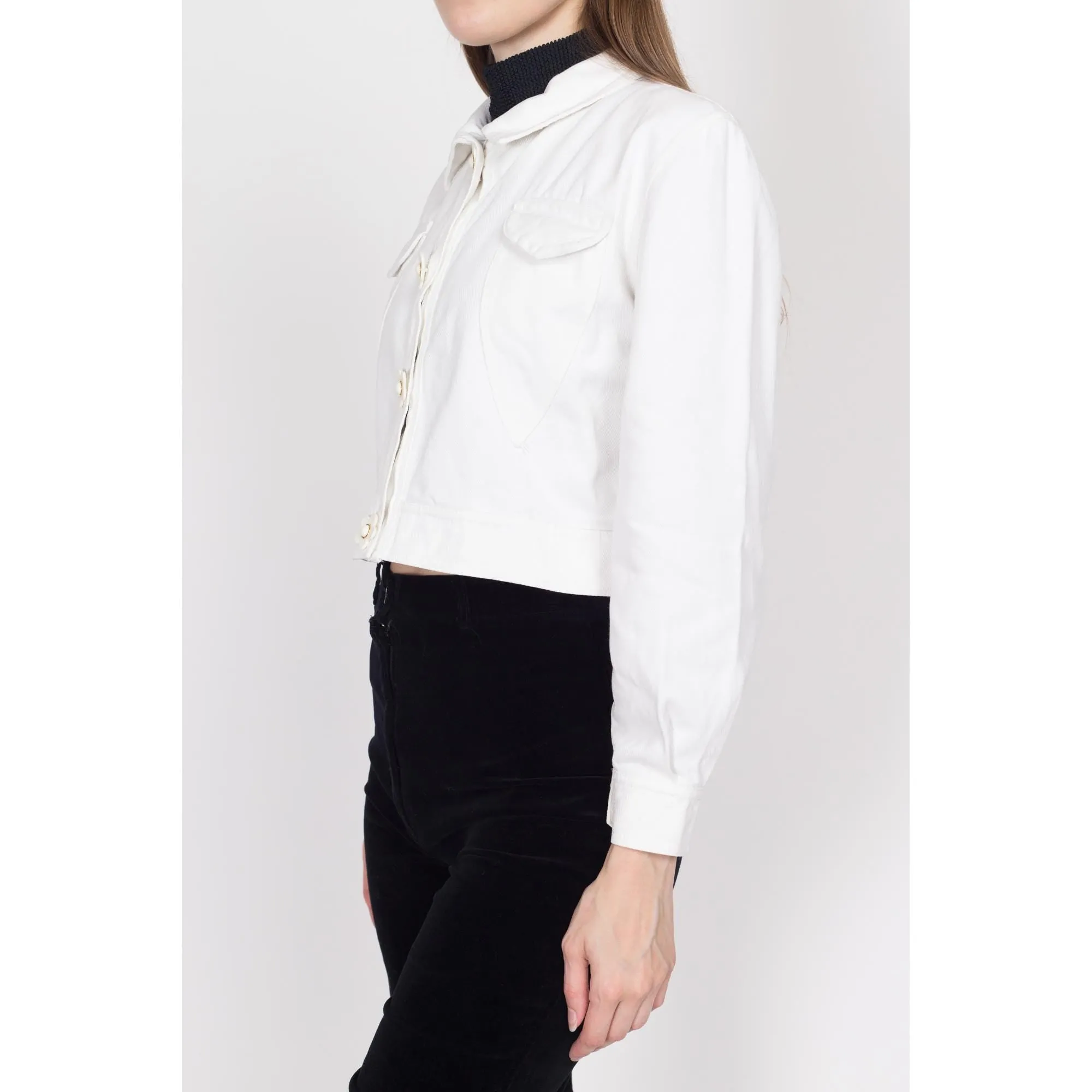 Small 90s White Flower Button Cropped Denim Jacket
