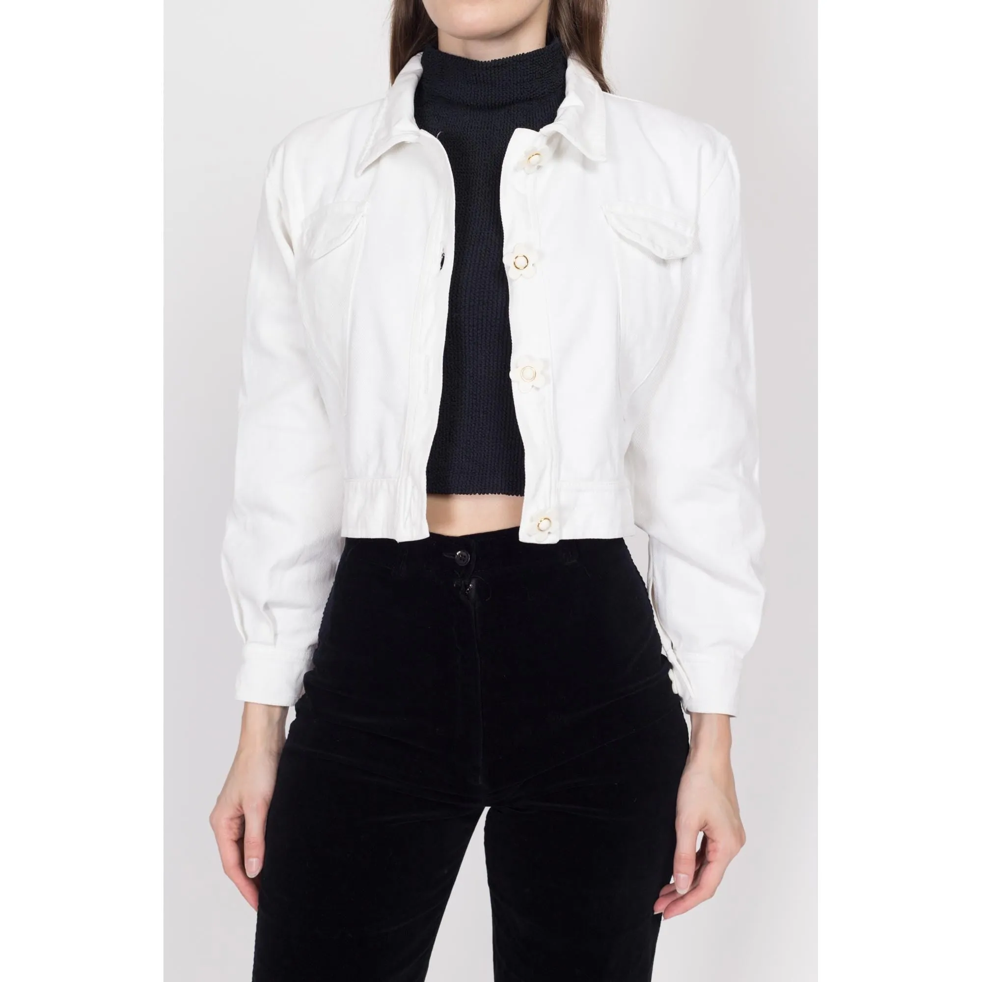 Small 90s White Flower Button Cropped Denim Jacket