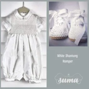 Smocked Baby Boy Romper White -  Baby  Boy Outfit   - White Shantung Baby Boy outfit - Smocked Romper - Special Occasion Baby Boy