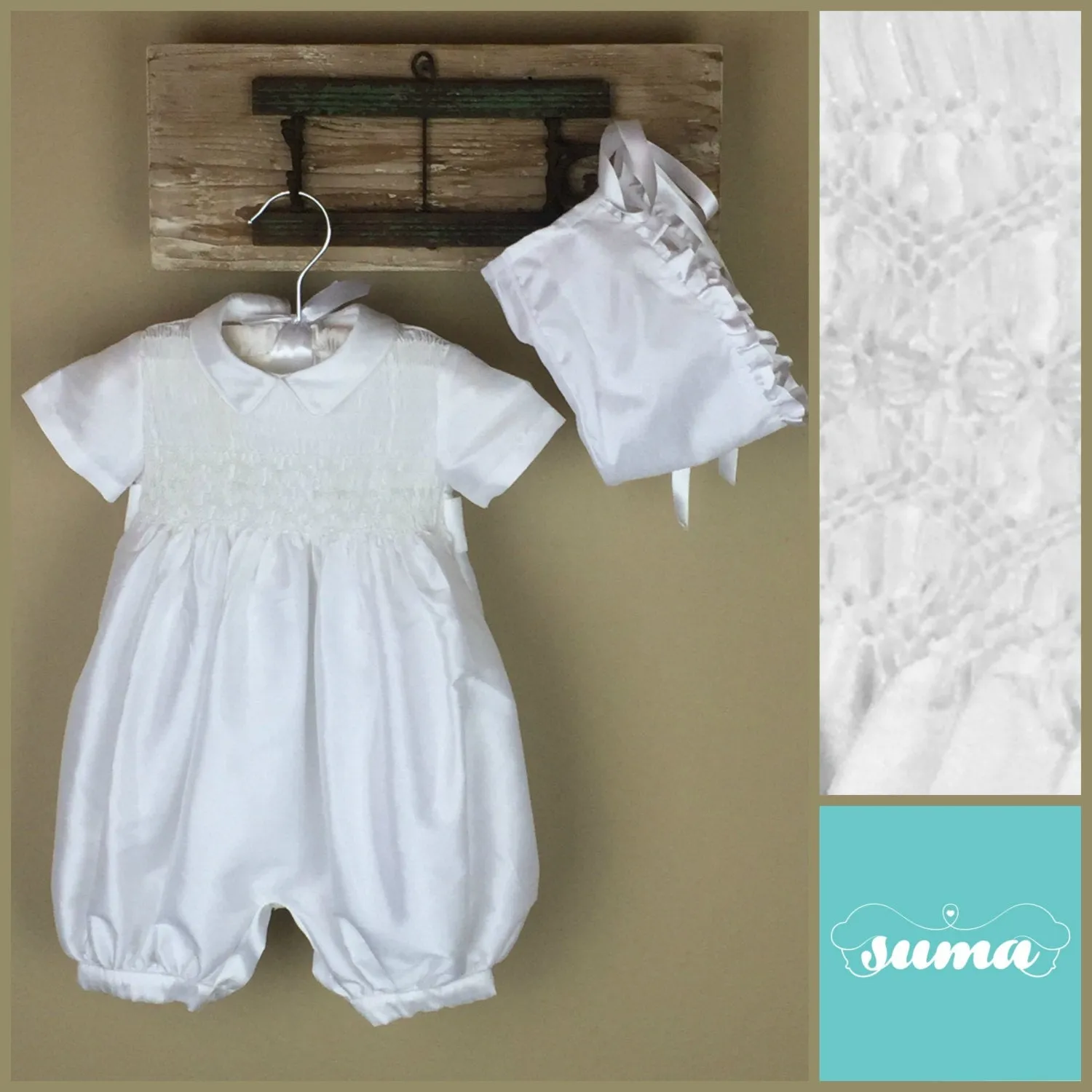 Smocked Baby Boy Romper White -  Baby  Boy Outfit   - White Shantung Baby Boy outfit - Smocked Romper - Special Occasion Baby Boy