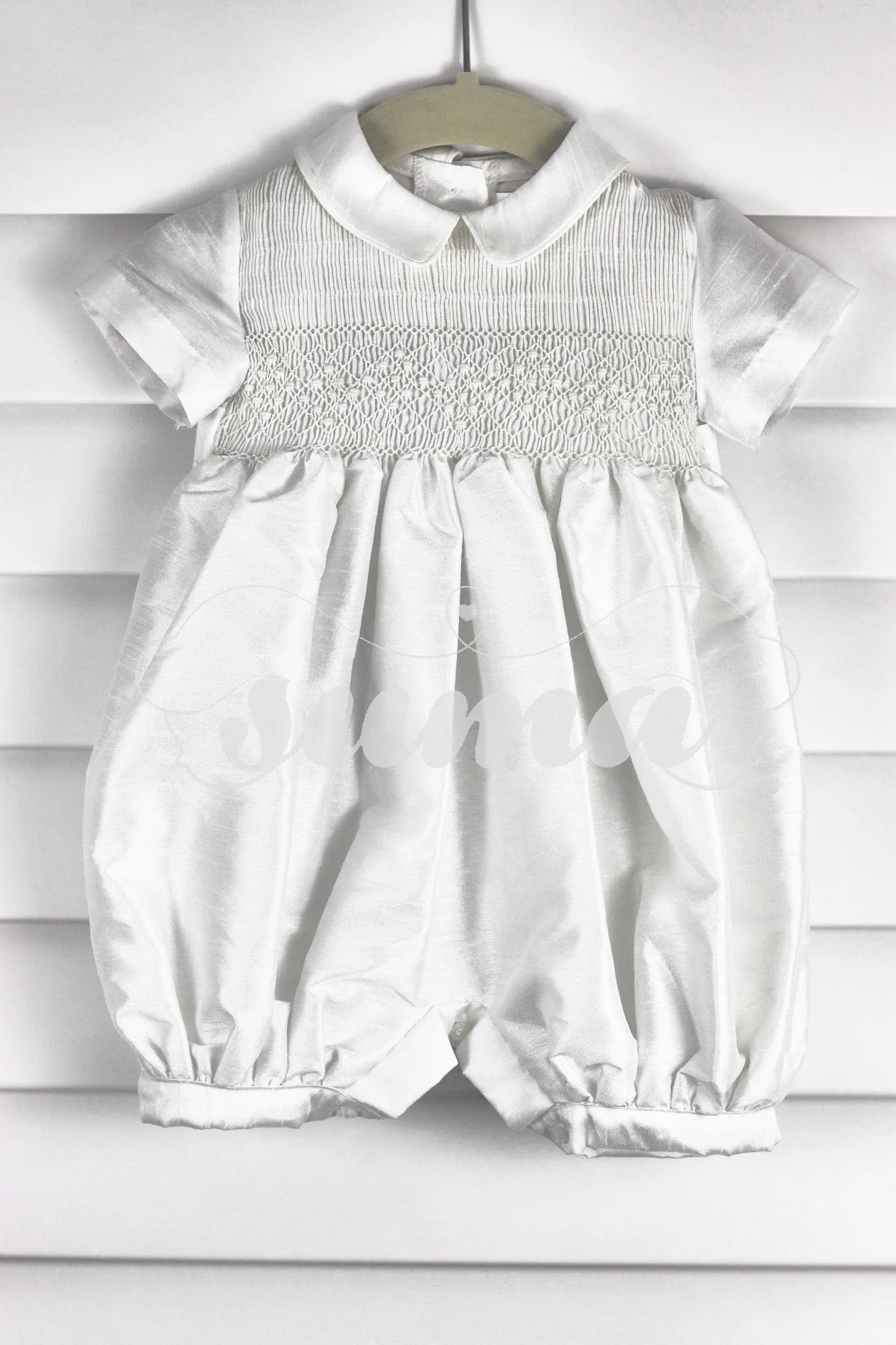 Smocked Baby Boy Romper White -  Baby  Boy Outfit   - White Shantung Baby Boy outfit - Smocked Romper - Special Occasion Baby Boy