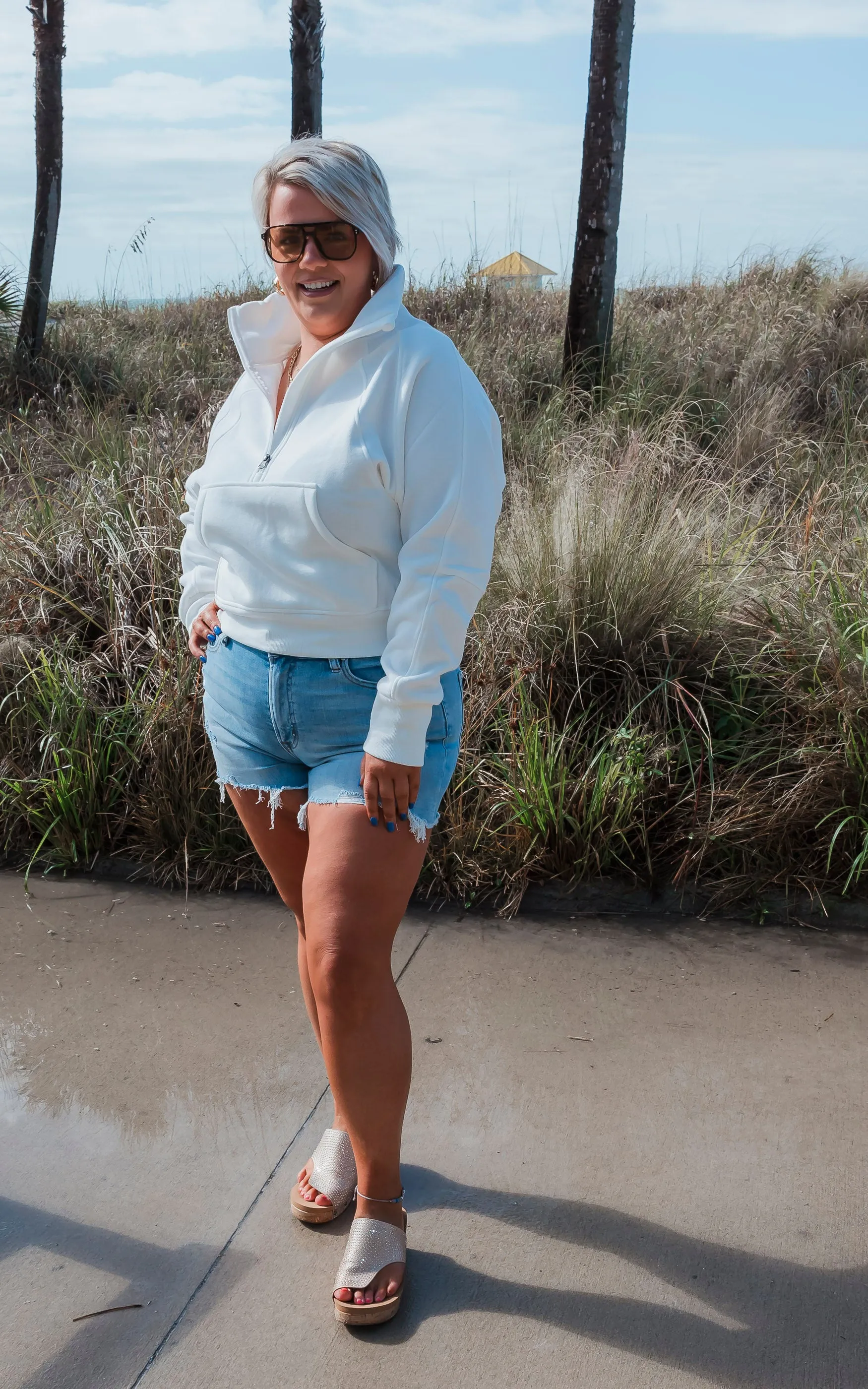 The Ava White 1/2 Zip Mock Neck Sweatshirt by Salty Wave*