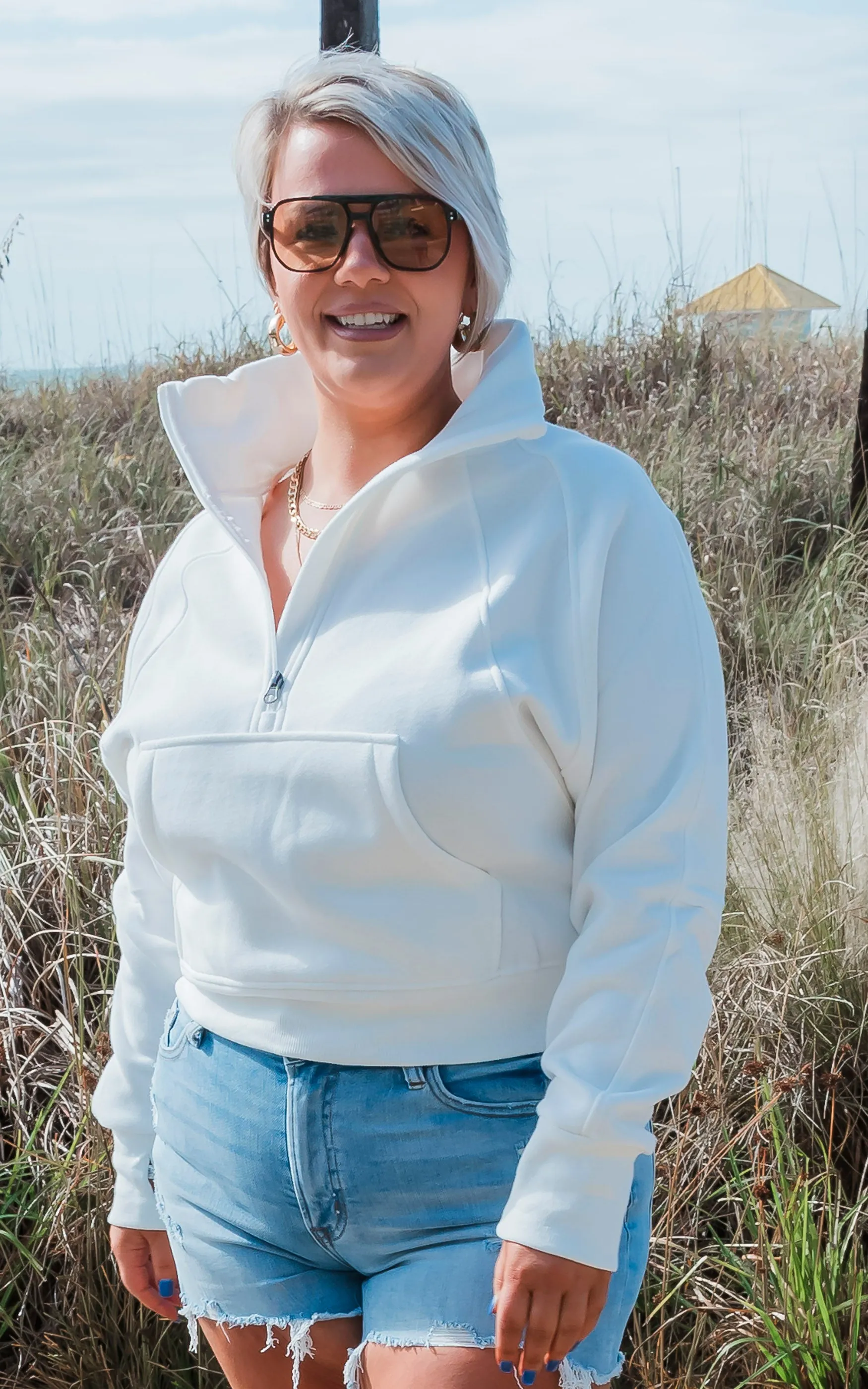 The Ava White 1/2 Zip Mock Neck Sweatshirt by Salty Wave*
