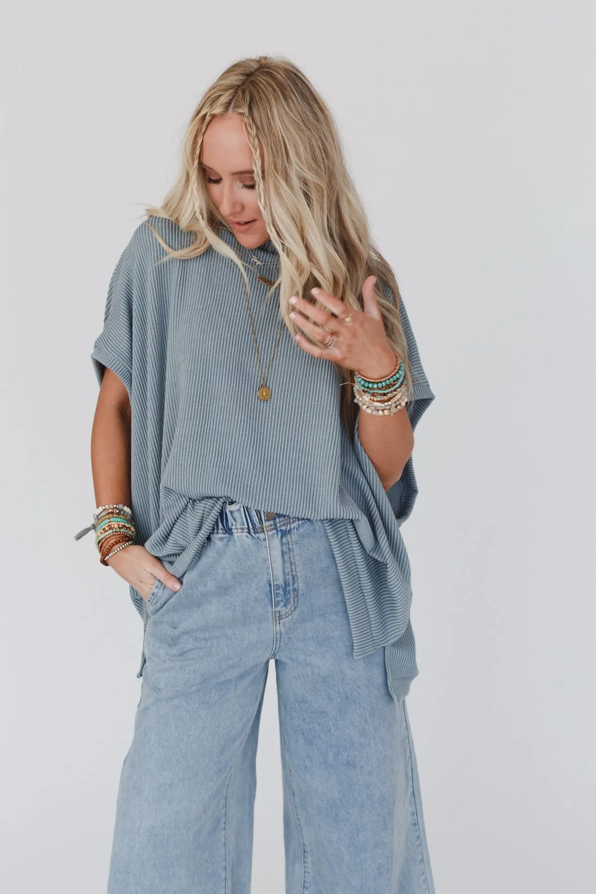 The Nest Moon Glow Texture Knit Top - Seafoam