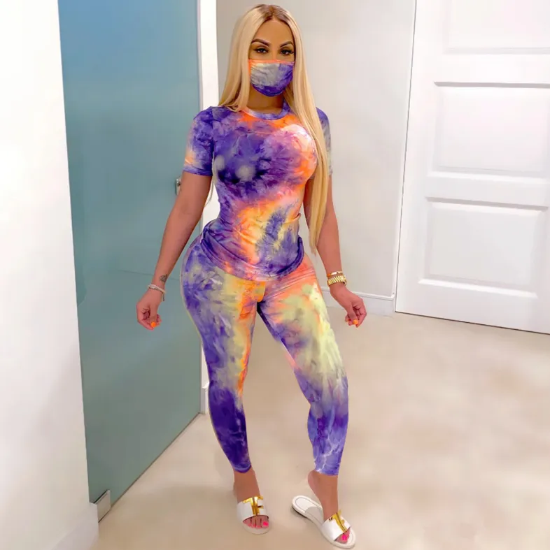 Three Piece Short Sleeve Tie Dye Sweatpants and Face Mask Set