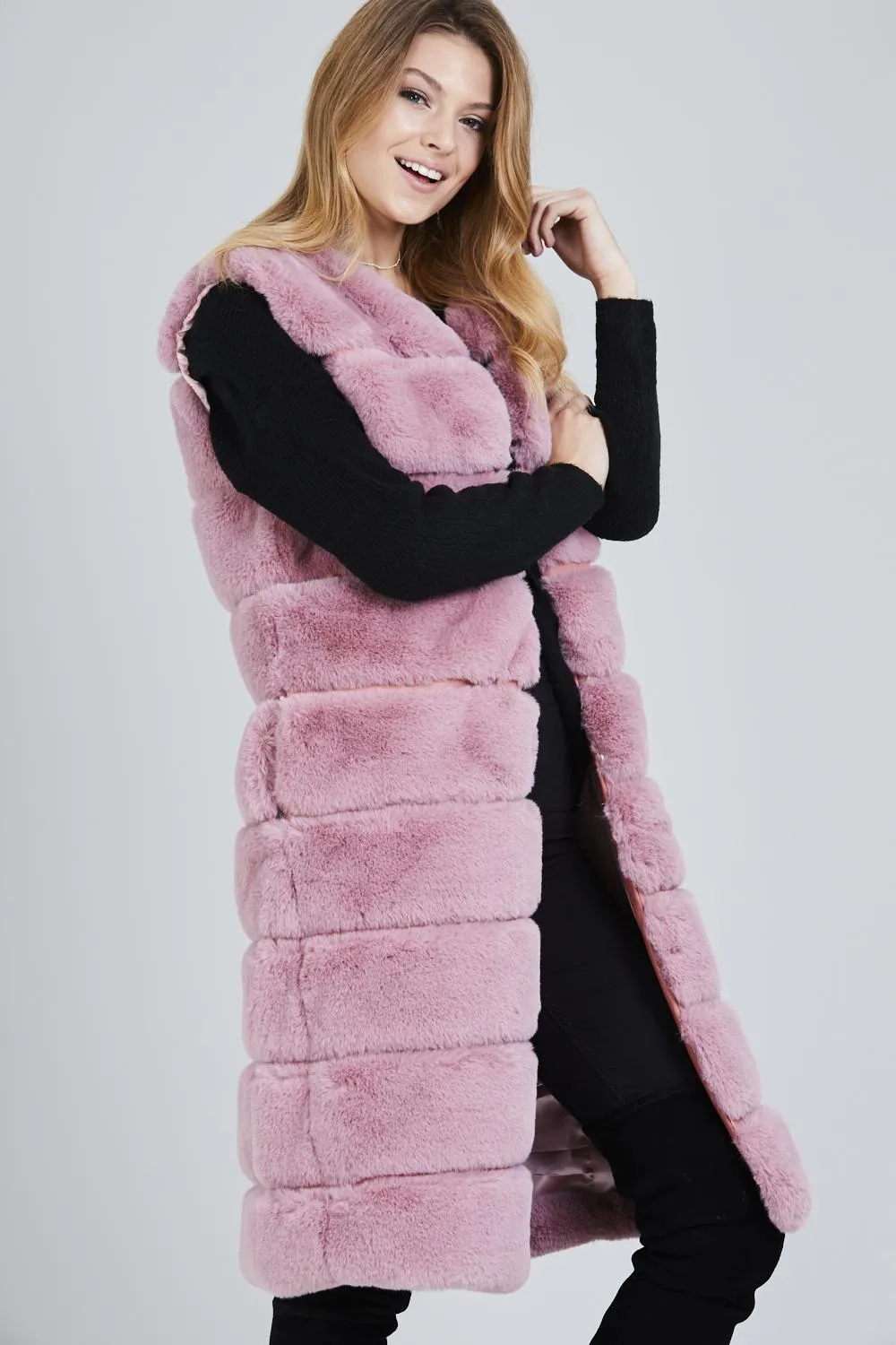 Two Pocket Panelled Longline Faux Fur Gillet