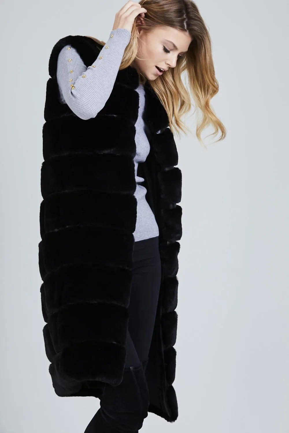 Two Pocket Panelled Longline Faux Fur Gillet