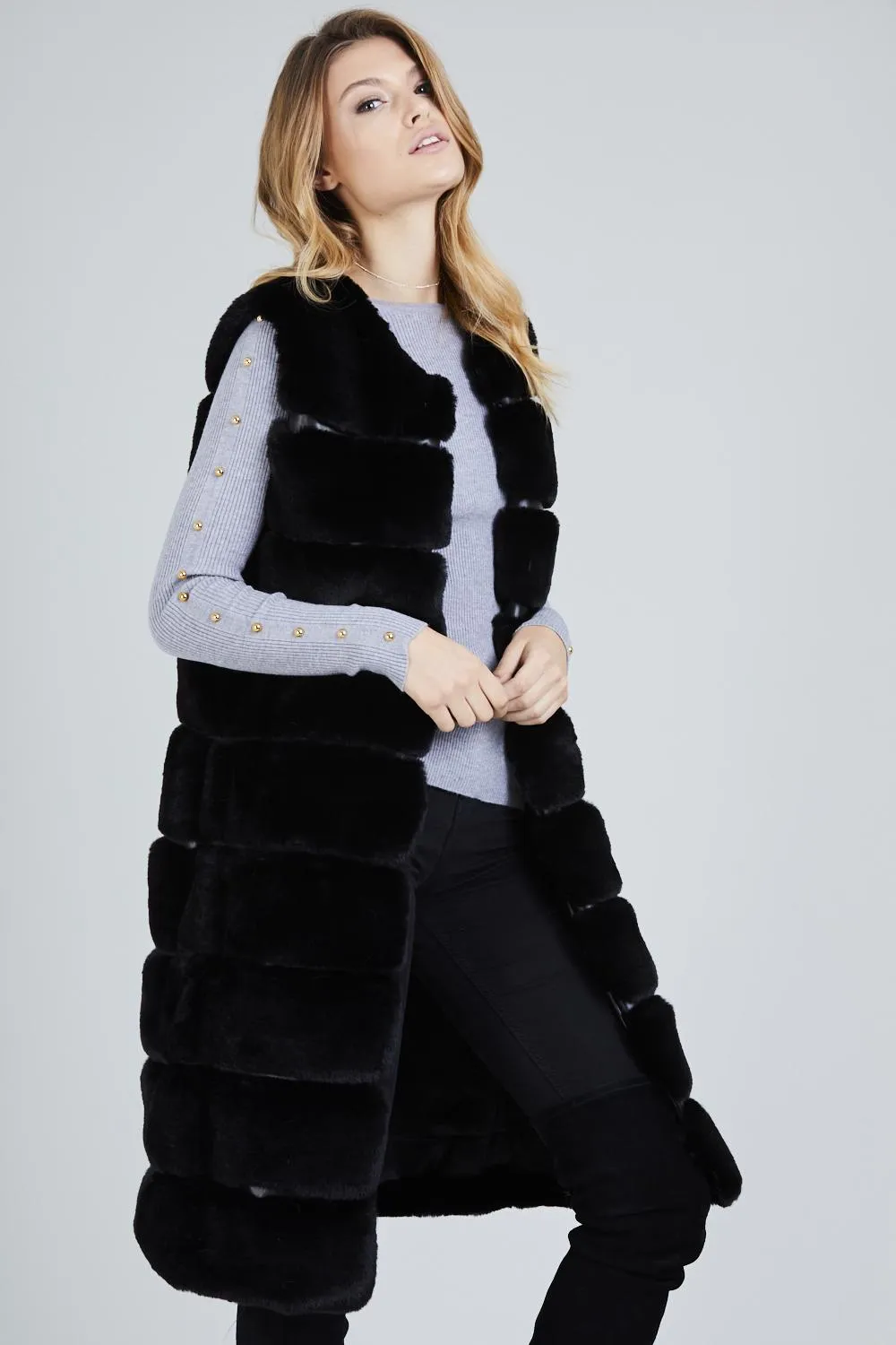 Two Pocket Panelled Longline Faux Fur Gillet