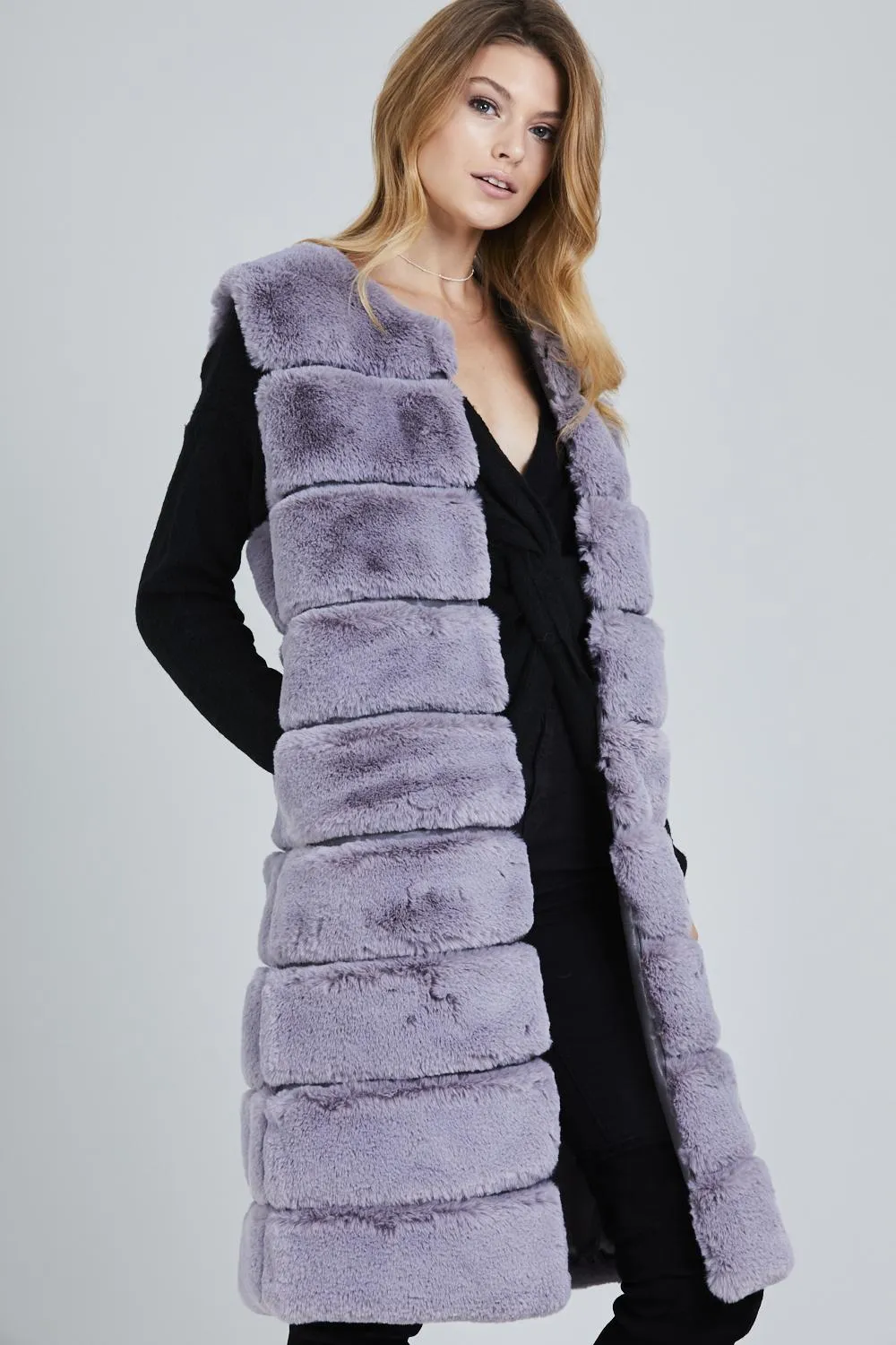 Two Pocket Panelled Longline Faux Fur Gillet