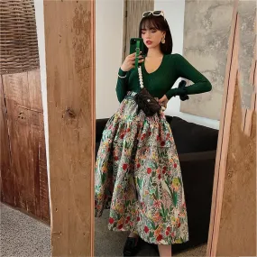 Vintage Embossed Pleated Puffy Midi Skirt