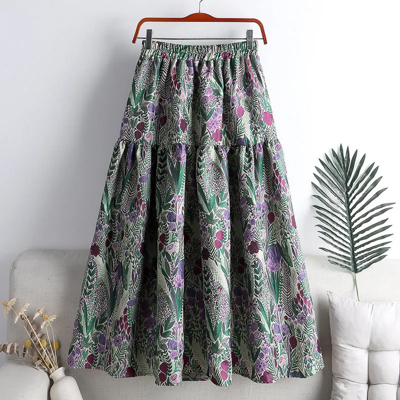 Vintage Embossed Pleated Puffy Midi Skirt