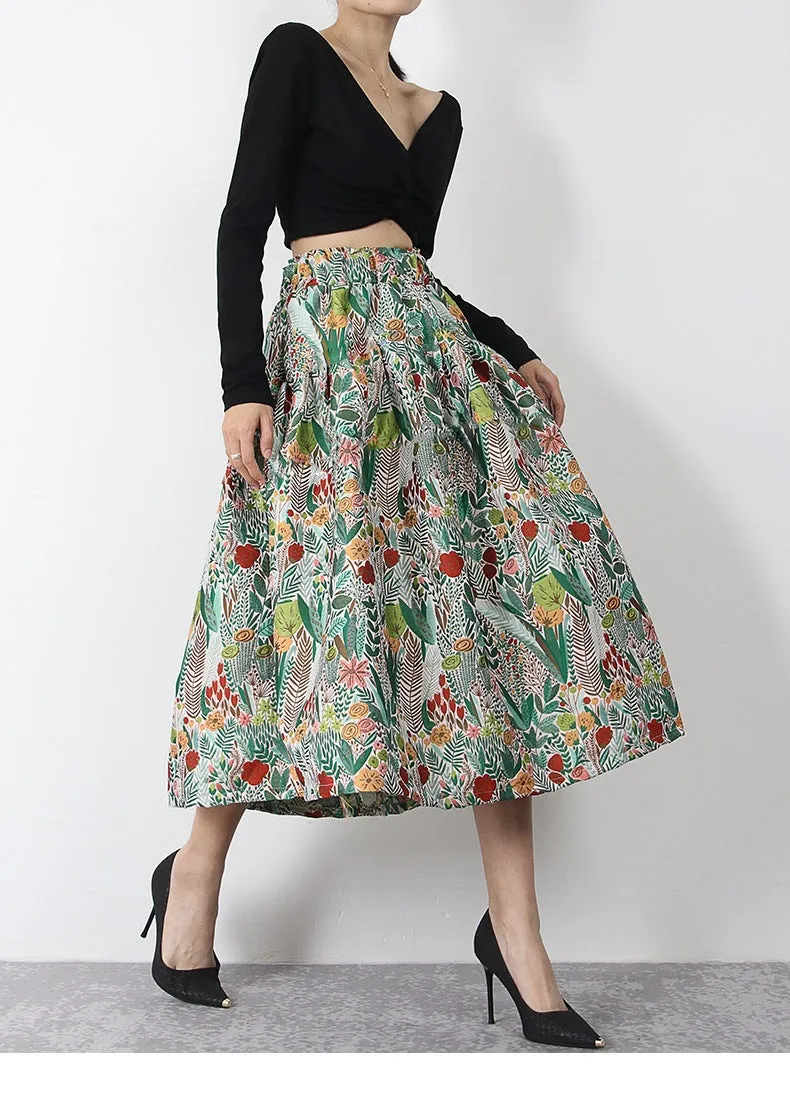 Vintage Embossed Pleated Puffy Midi Skirt