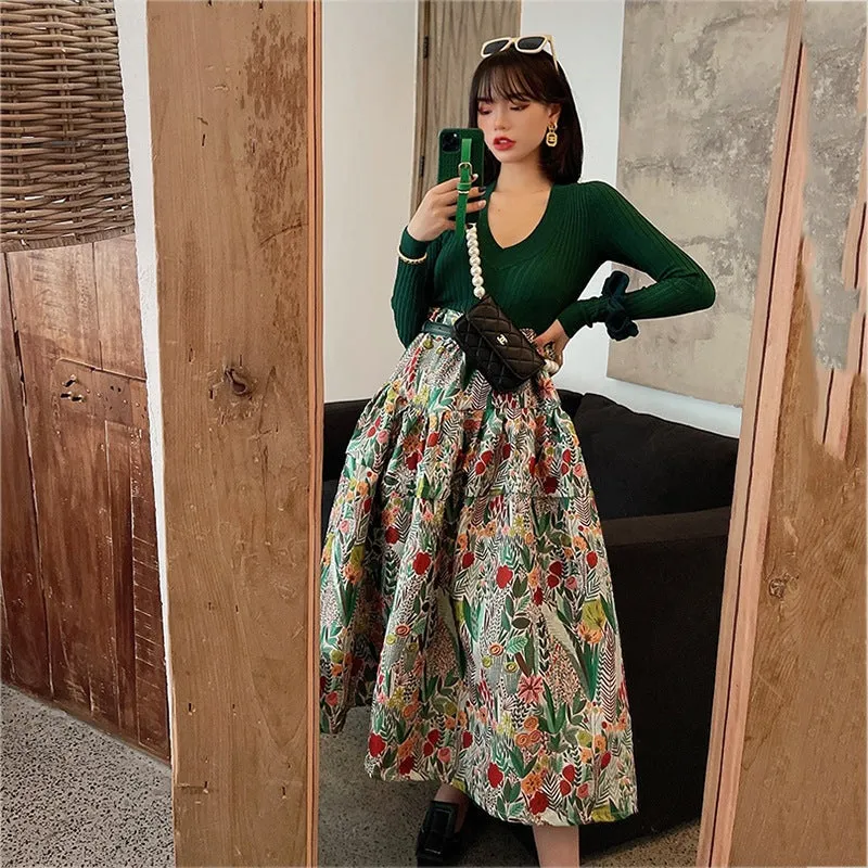 Vintage Embossed Pleated Puffy Midi Skirt