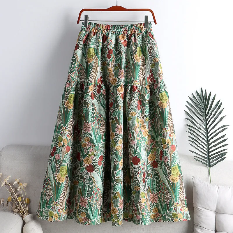 Vintage Embossed Pleated Puffy Midi Skirt