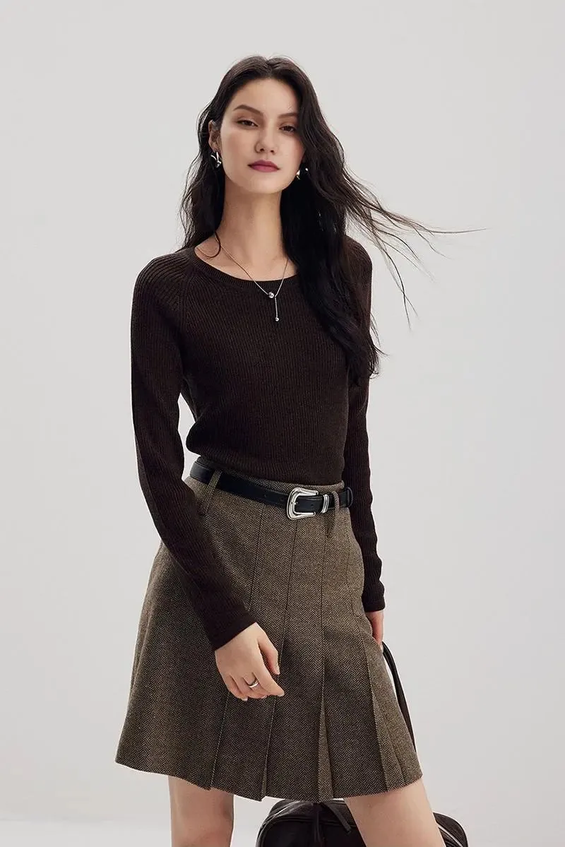 Vintage Herringbone Wool-Blend Pleated Mini Skort