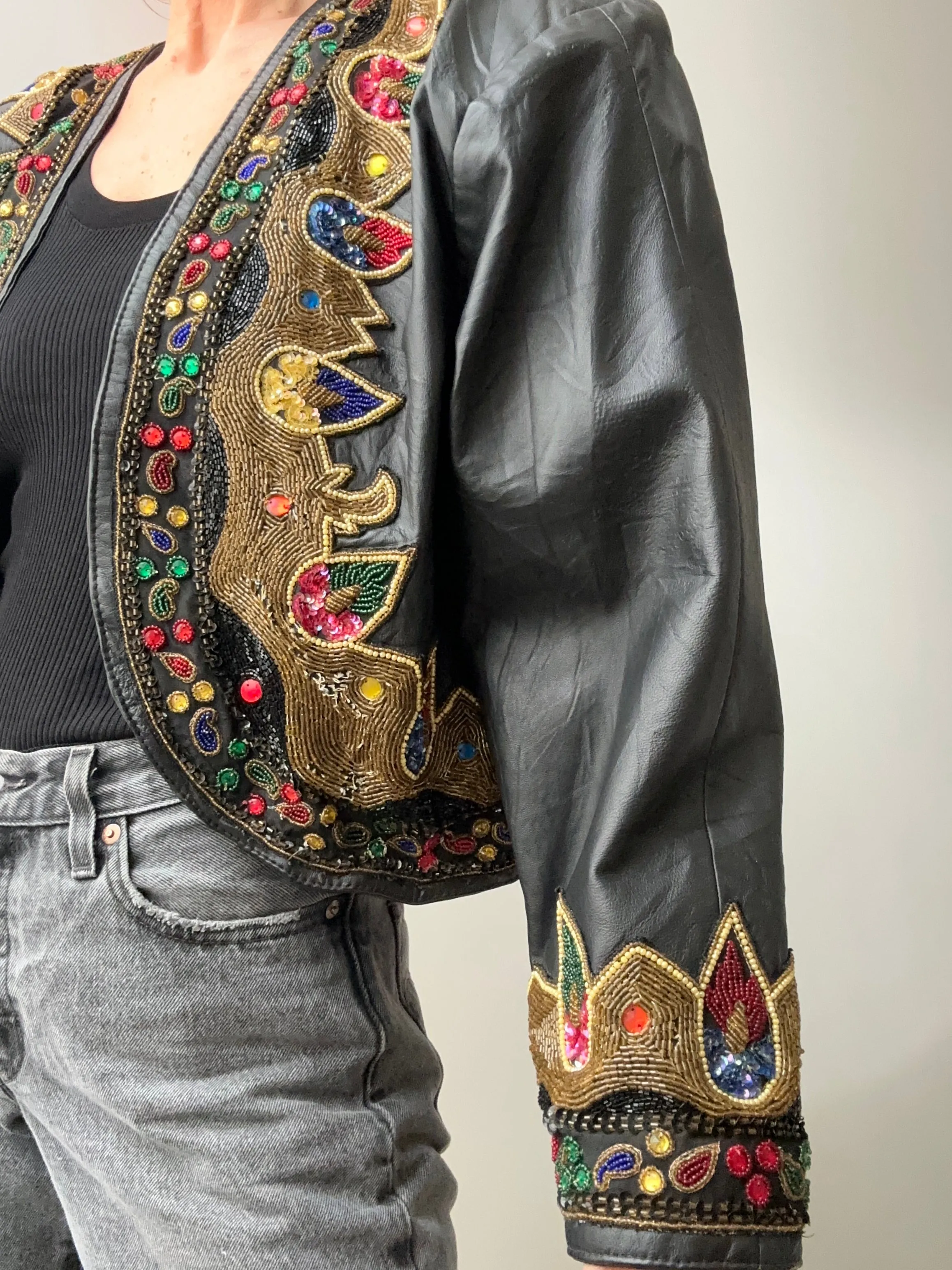 Vintage Leather Beaded Jacket