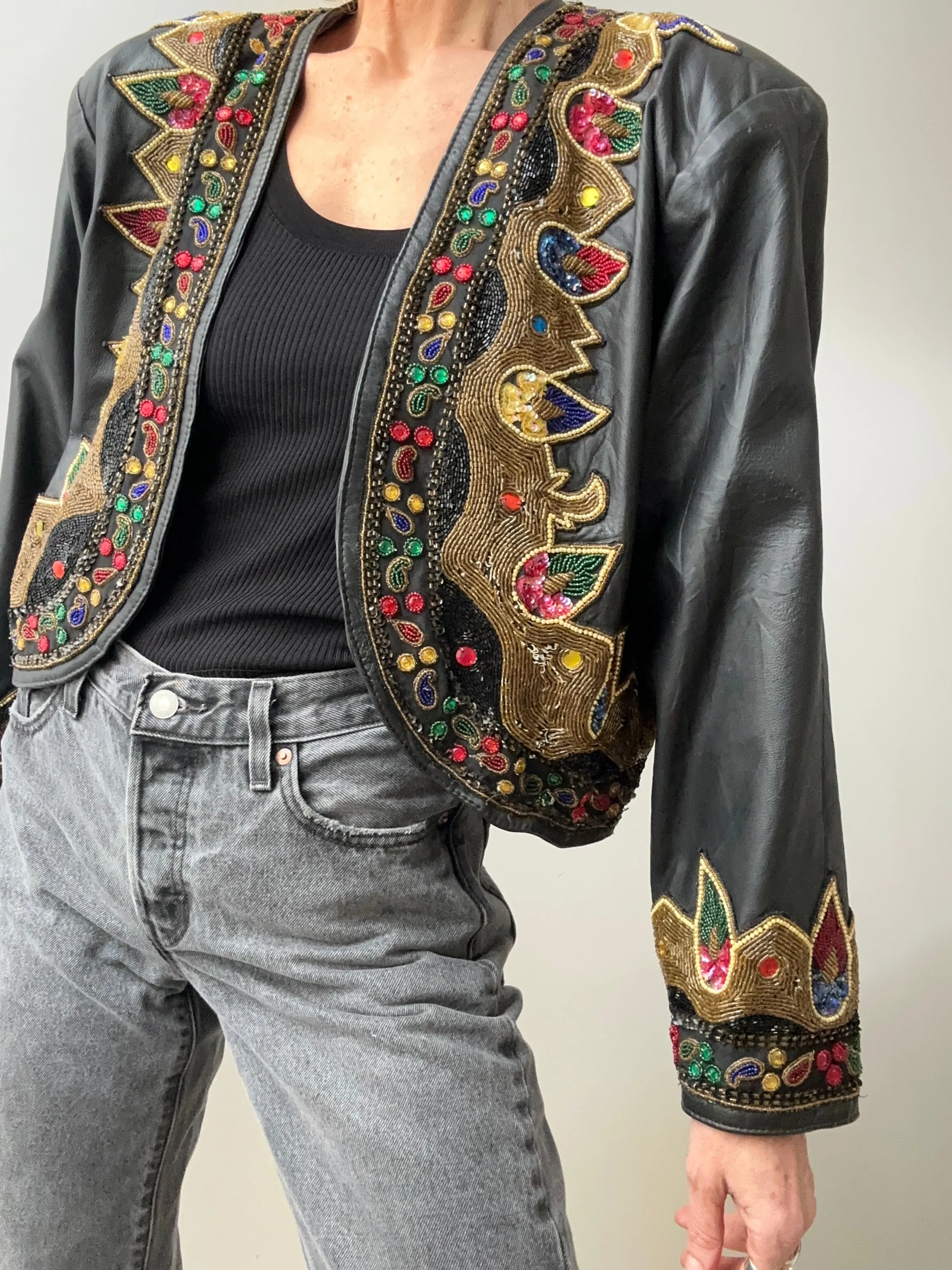 Vintage Leather Beaded Jacket