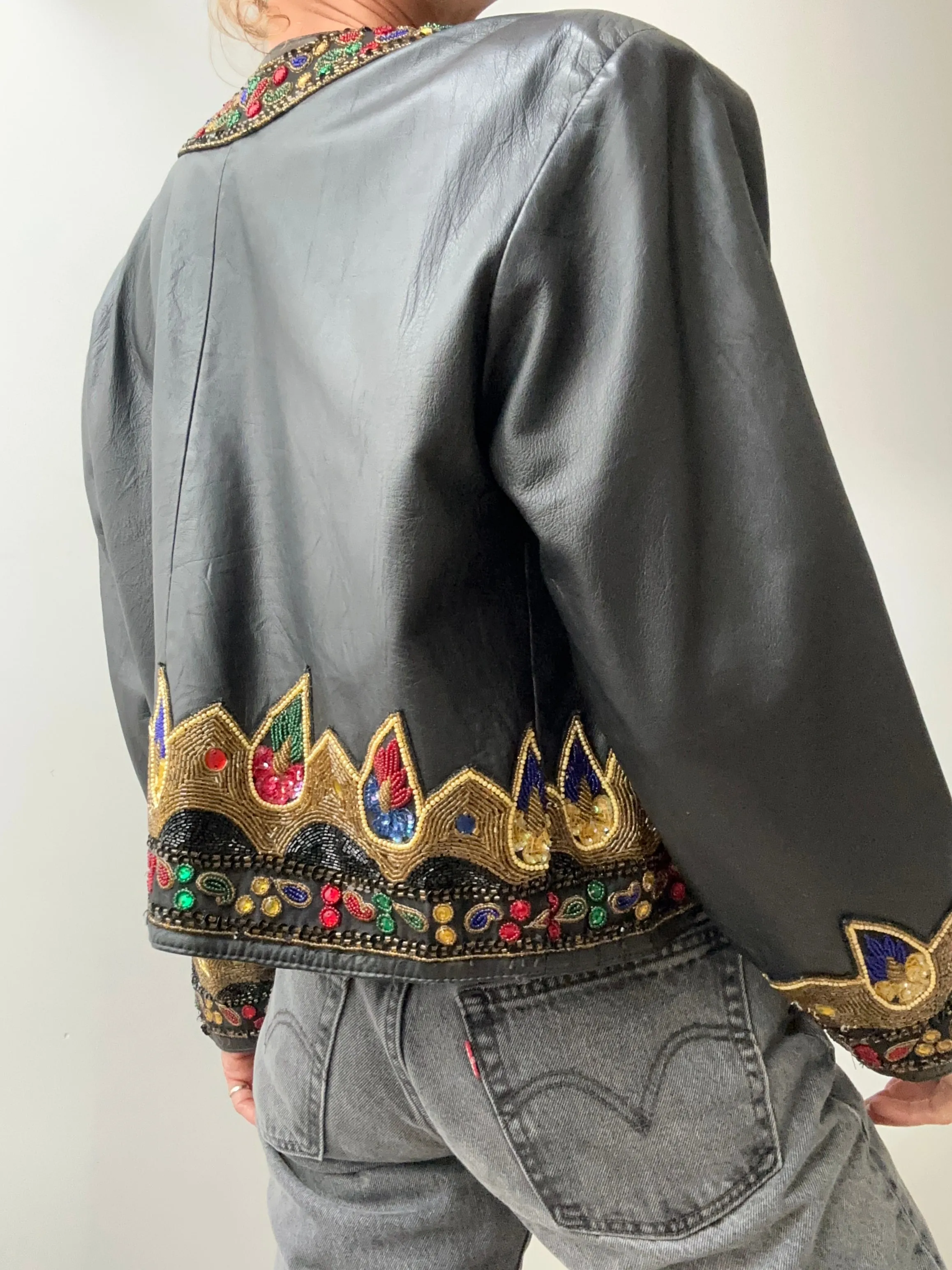 Vintage Leather Beaded Jacket