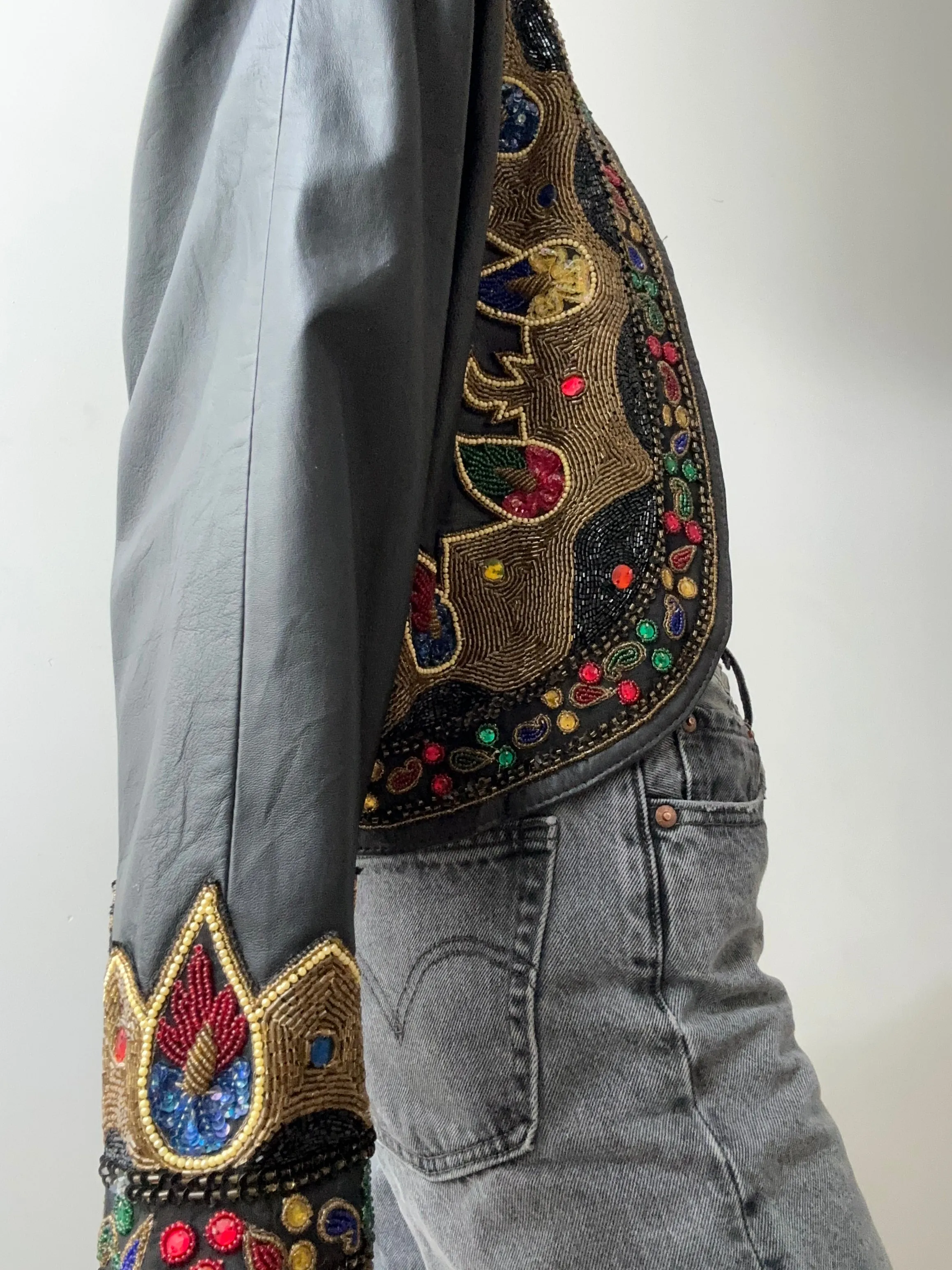 Vintage Leather Beaded Jacket