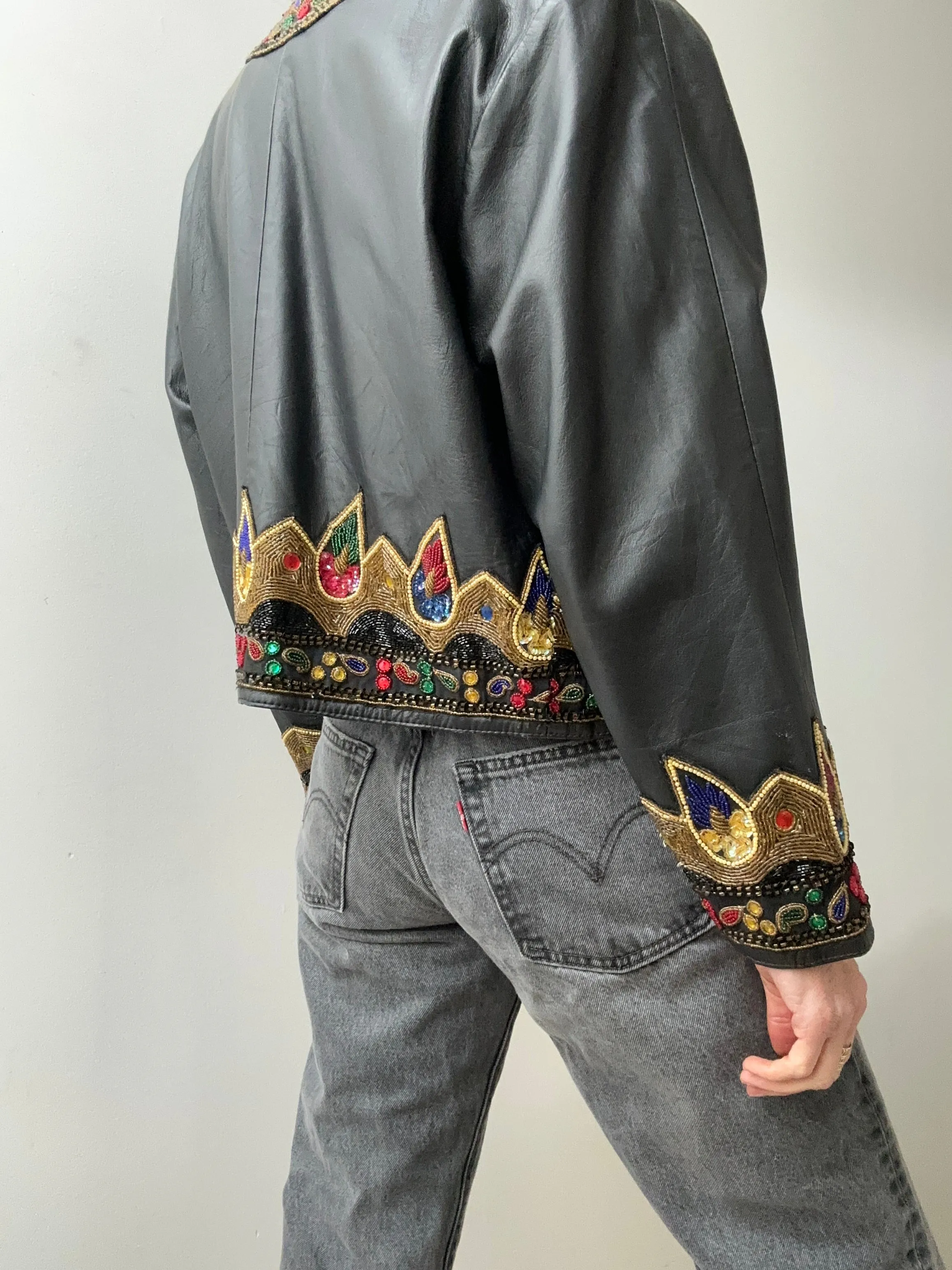Vintage Leather Beaded Jacket