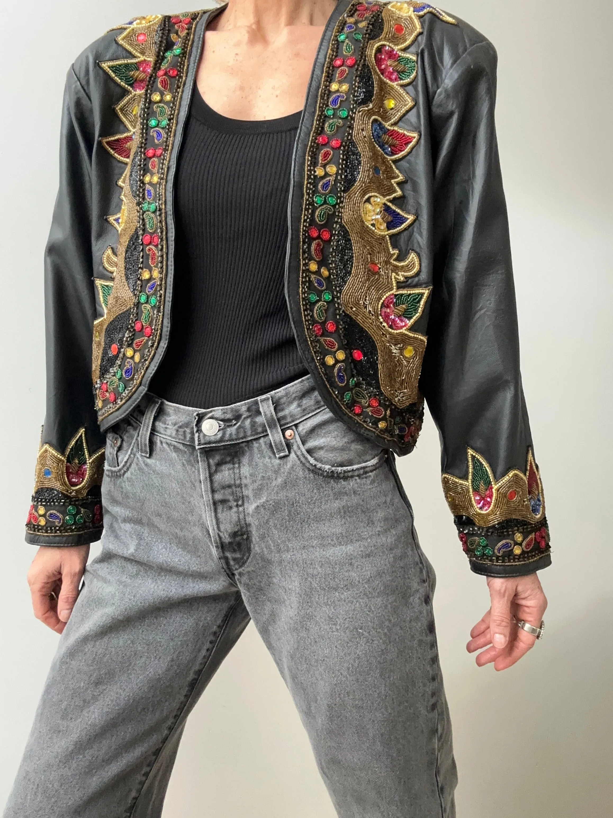 Vintage Leather Beaded Jacket