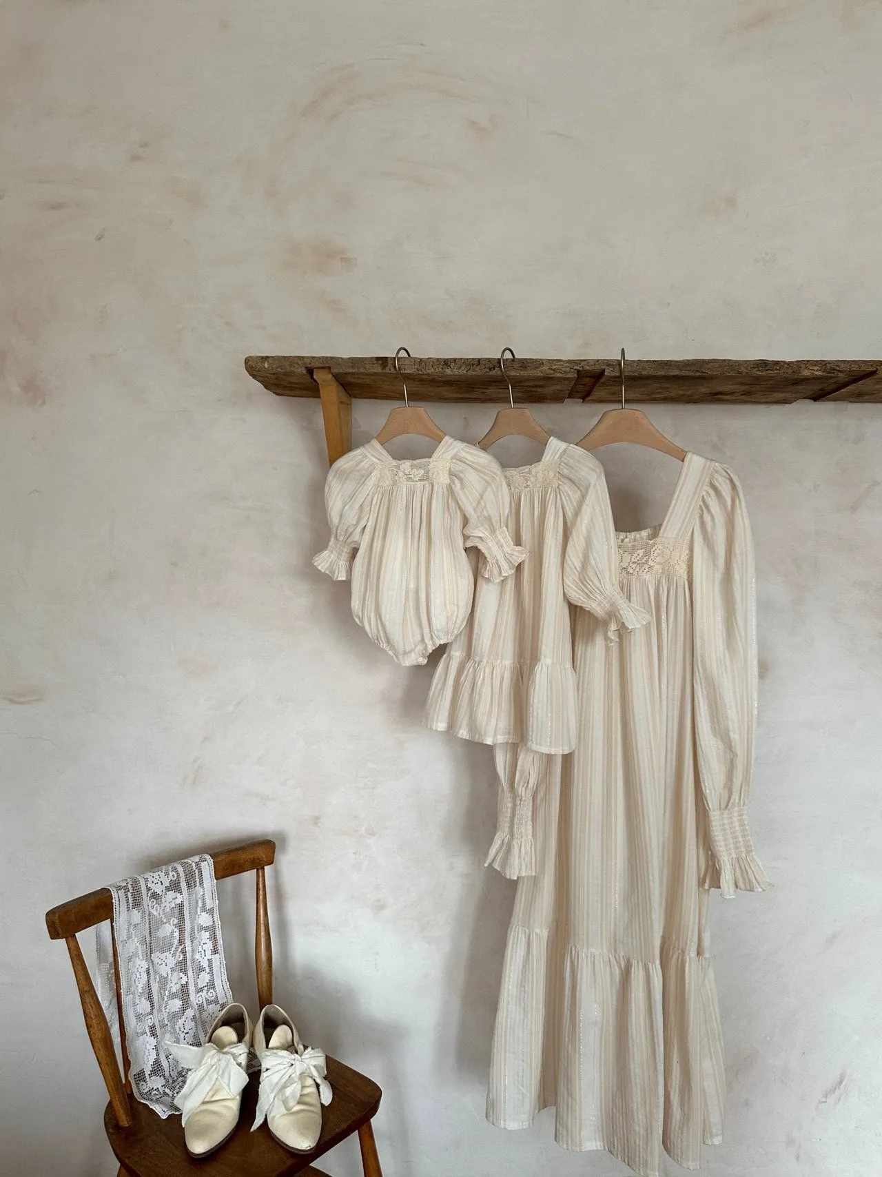 Vintage Puff Sleeve Romper | Beige Stripe