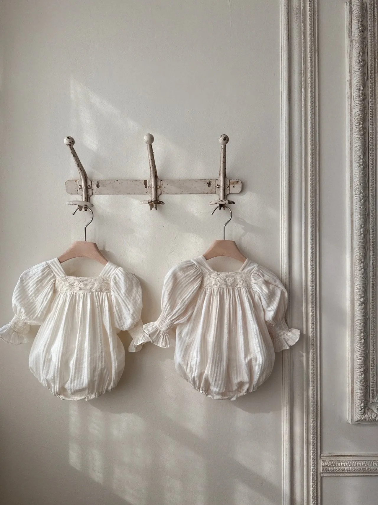 Vintage Puff Sleeve Romper | Beige Stripe