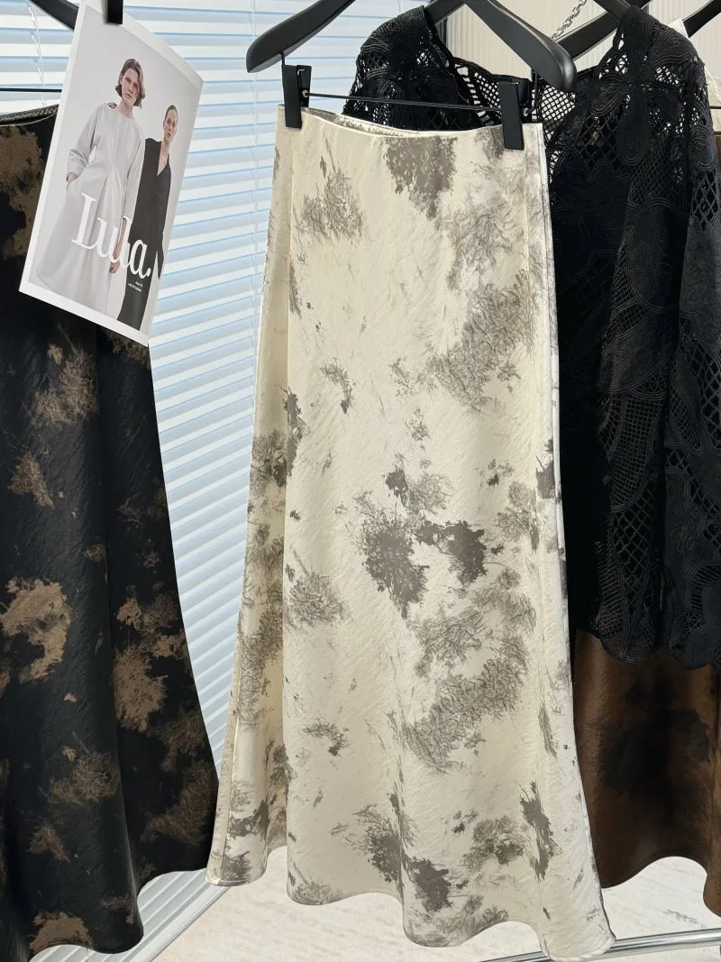 Women Printed Tie Dye Sheath Silky Satin Skirt