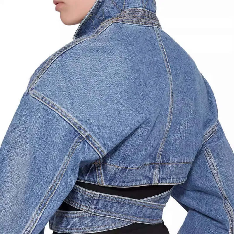 Women's Cropped Denim Jacket with Hollow Detail