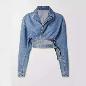 Women's Cropped Denim Jacket with Hollow Detail
