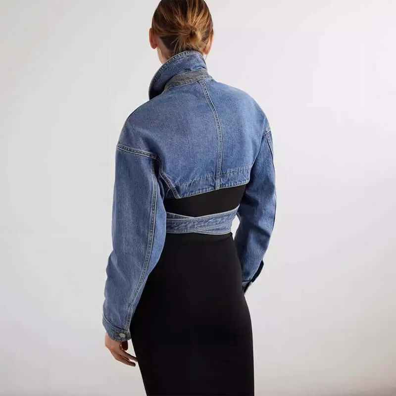 Women's Cropped Denim Jacket with Hollow Detail