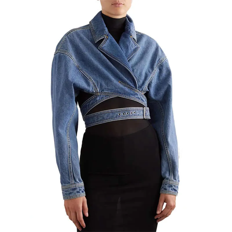 Women's Cropped Denim Jacket with Hollow Detail