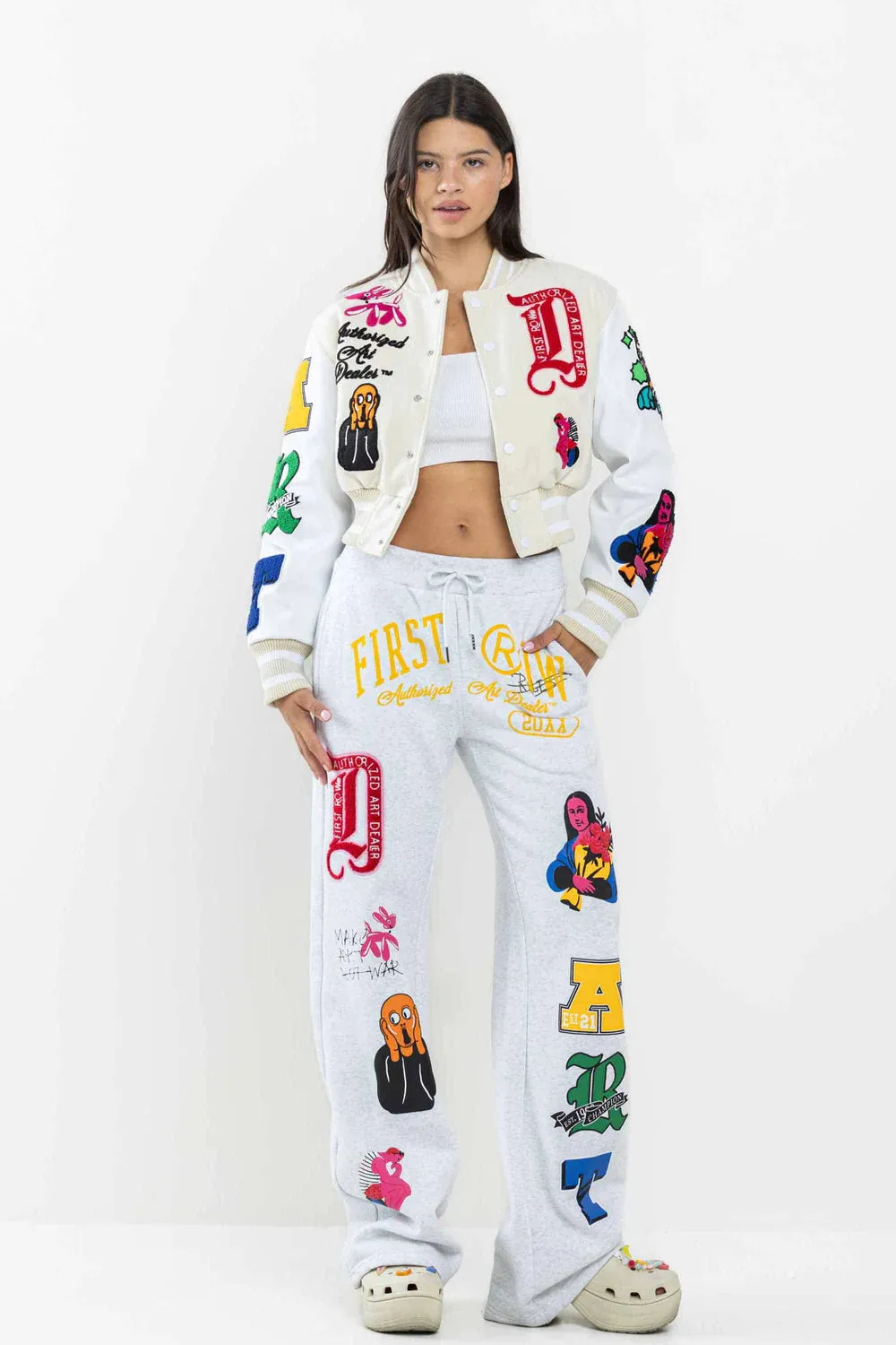 Women's First Row Art Dealer Graphic Cropped Varsity Jacket Cream
