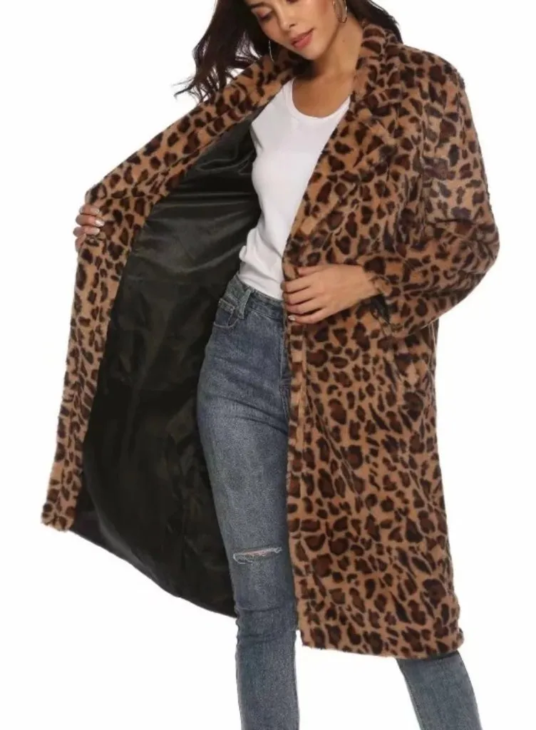 Womens Leopard Print Faux Fur Coat