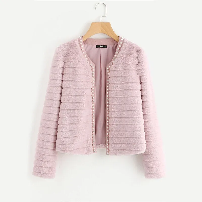 Women's Winter Collarless Faux Fur Coat With Pearl