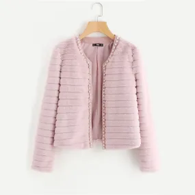 Women's Winter Collarless Faux Fur Coat With Pearl