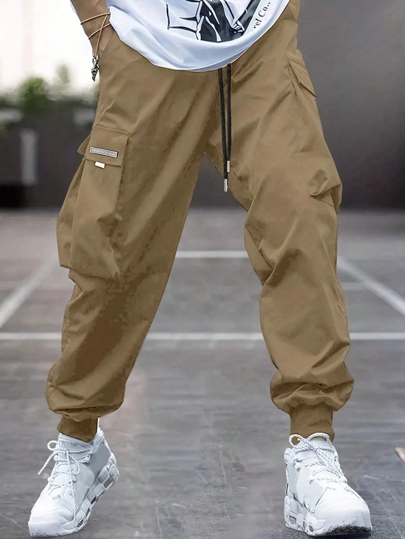 Yemwry Men Letter Graphic Flap Pocket Drawstring Waist Cargo Pants