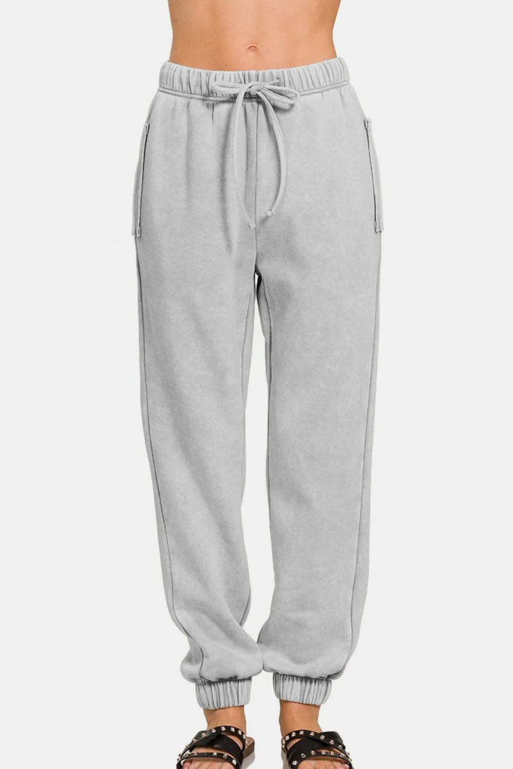 Zenana Acid Wash Fleece Drawstring Sweatpants with Pockets in Sleet Gray