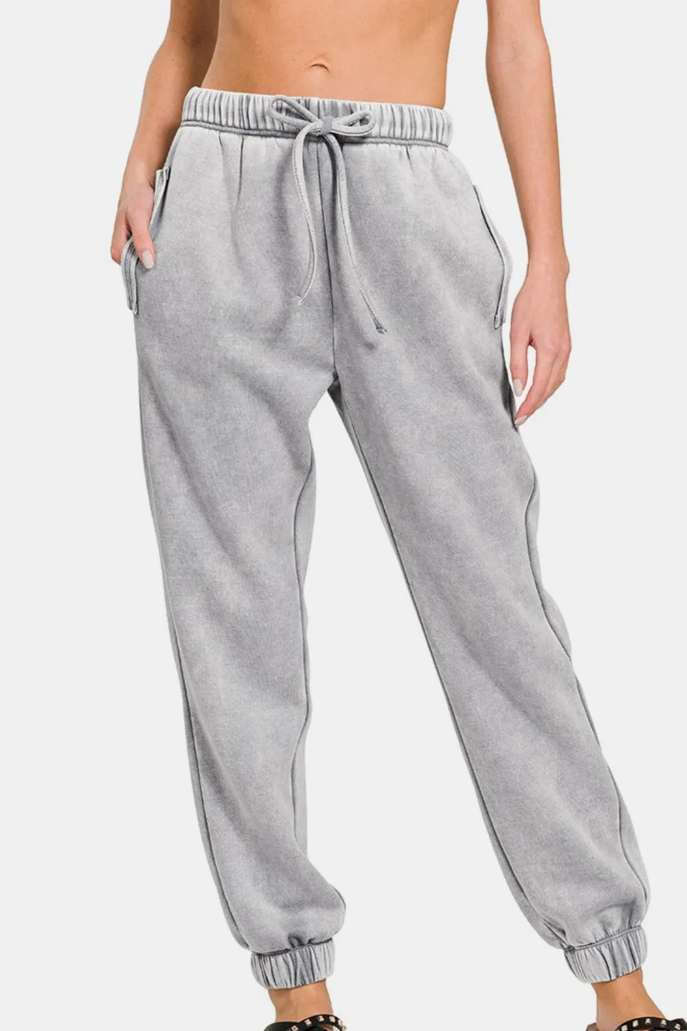 Zenana Acid Wash Fleece Drawstring Sweatpants with Pockets in Sleet Gray