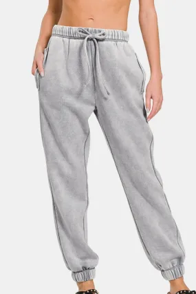 Zenana Acid Wash Fleece Drawstring Sweatpants with Pockets in Sleet Gray